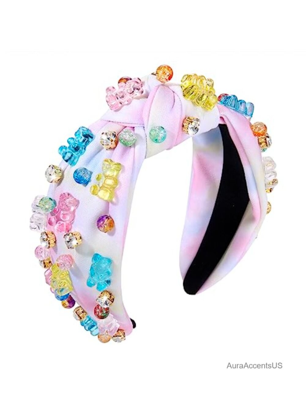 Knotted Headband Crystal Gummy Bear Embellished Top Knot Wide Turban Hairband